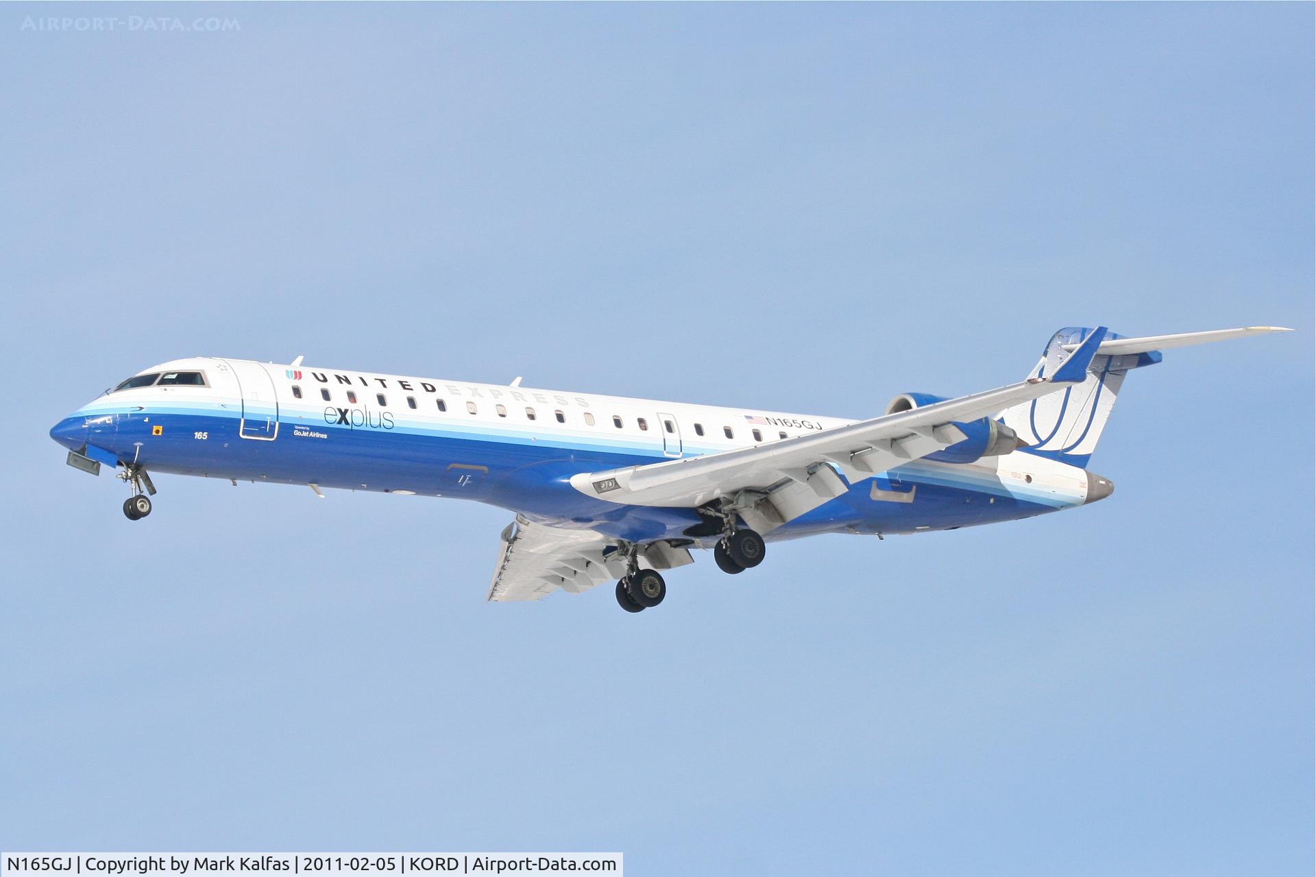 N165GJ, 2006 Bombardier CRJ-700 (CL-600-2C10) Regional Jet C/N 10257, GoJet/United Express Bombardier CL-600-2C10, GJS7464 arriving from KMSY, RWY28 approach KORD.