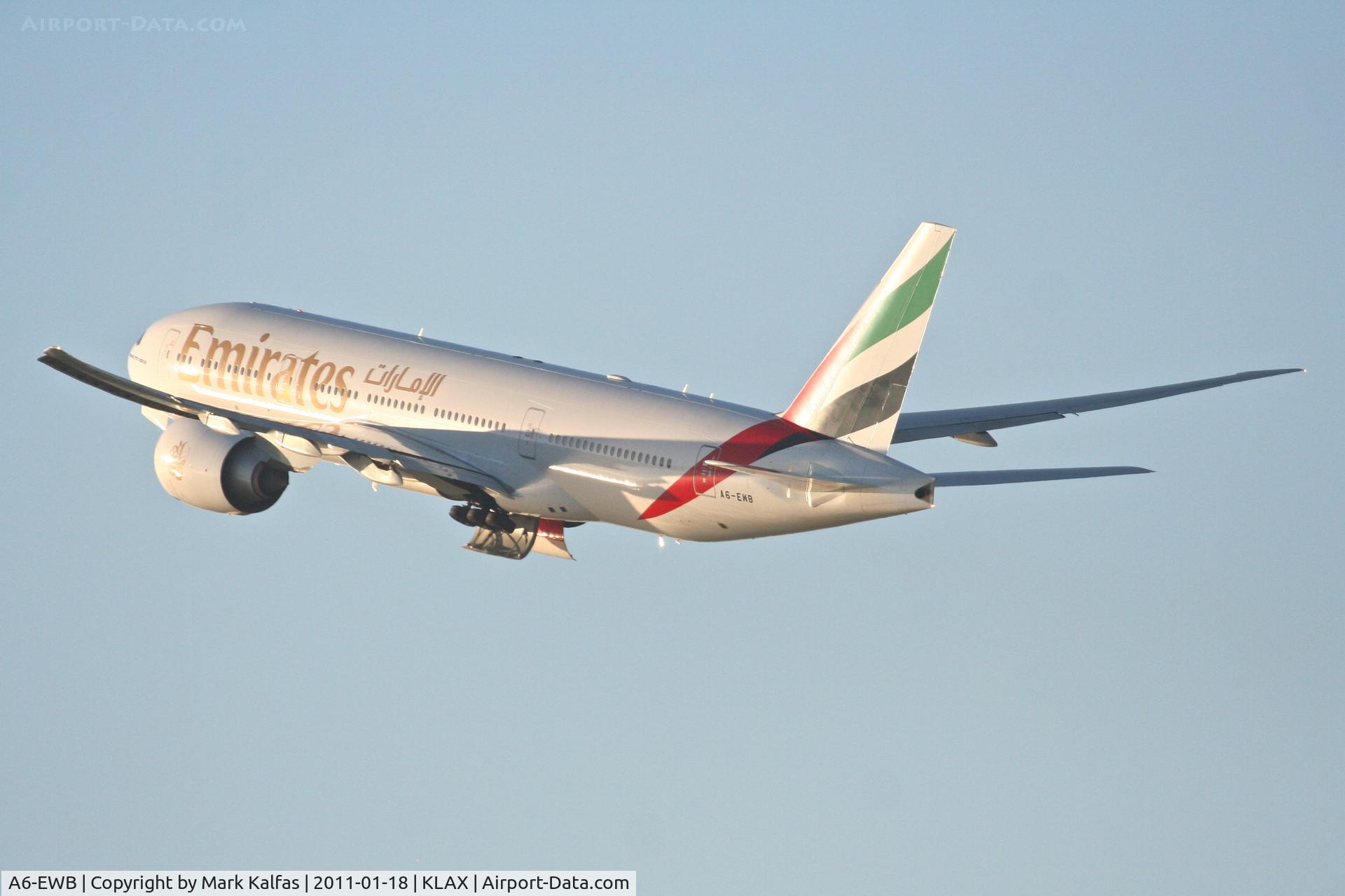 A6-EWB, 2007 Boeing 777-21H/LR C/N 35573, Emirates Boeing 777-21HLR, UAE216 departing 25R KLAX, enroute to OMDB/Dubai Int'l.