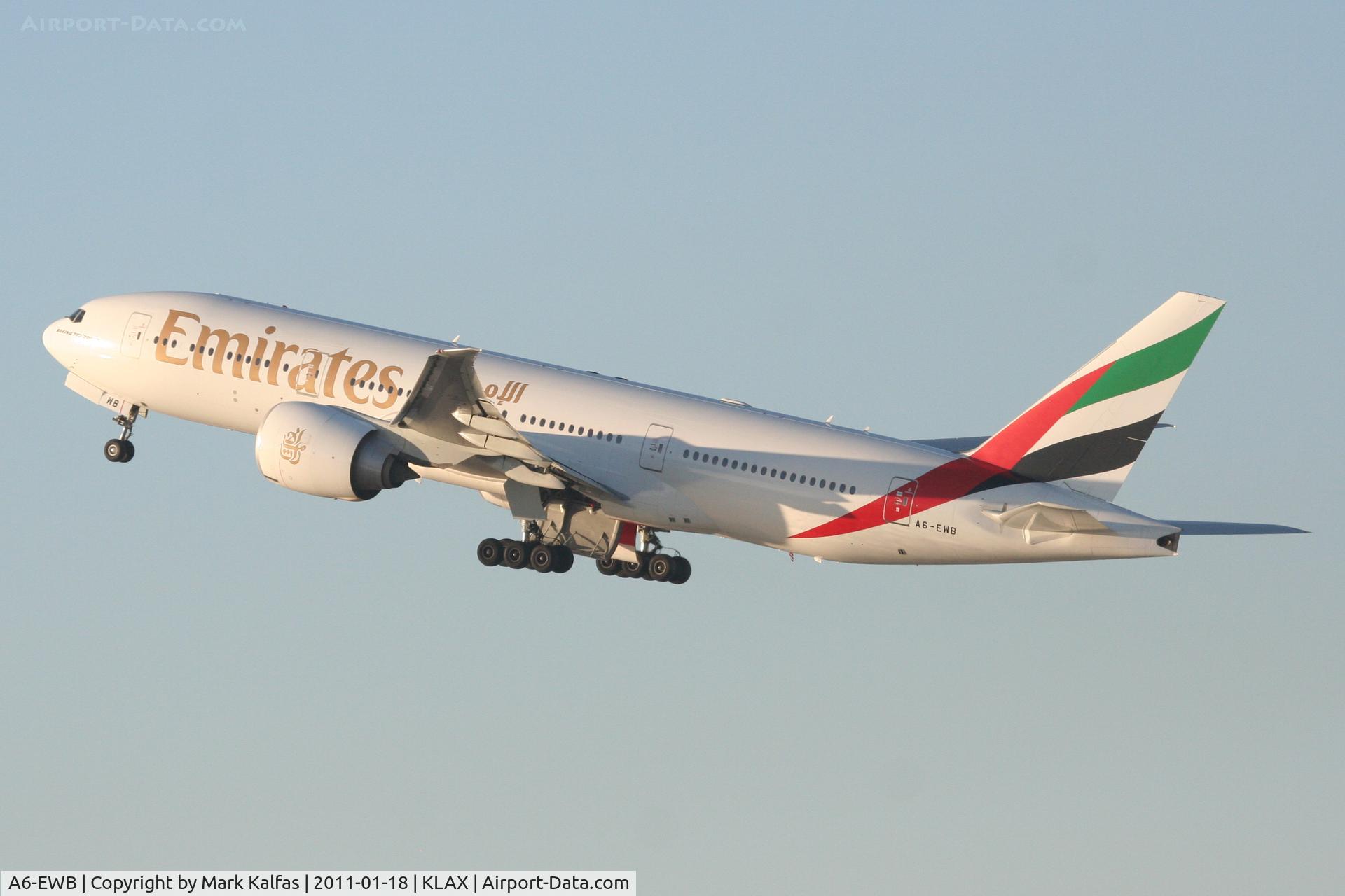 A6-EWB, 2007 Boeing 777-21H/LR C/N 35573, Emirates Boeing 777-21HLR, UAE216 departing 25R KLAX, enroute to OMDB/Dubai Int'l.