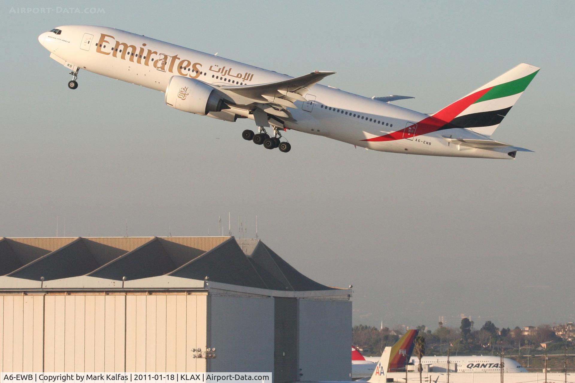 A6-EWB, 2007 Boeing 777-21H/LR C/N 35573, Emirates Boeing 777-21HLR, UAE216 departing 25R KLAX, enroute to OMDB/Dubai Int'l.