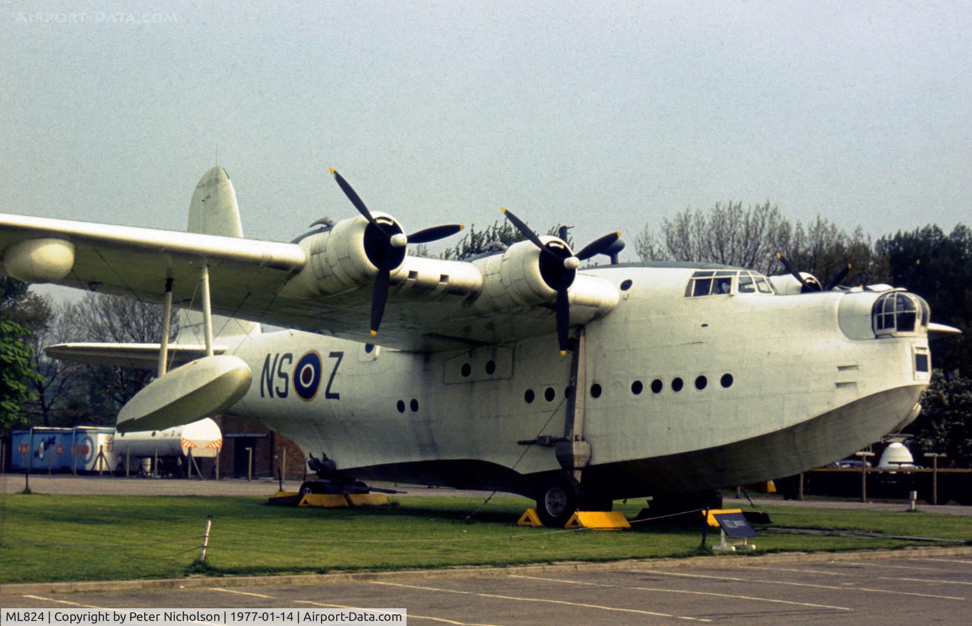 ML824, 1944 Short S25 Sunderland V C/N SH.984, Sunderland V in 201 Squadron markings on display at the RAF Museum at Hendon in January 1977.