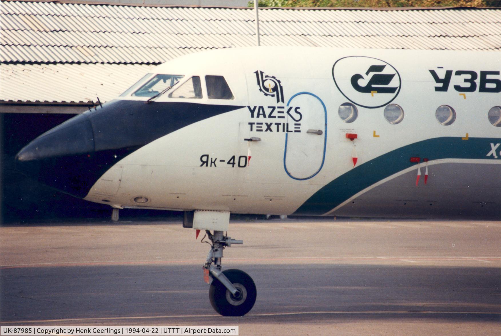 UK-87985, Yakovlev Yak-40 C/N 9540844, Uzbekistan Airlines Spcl logo near door.