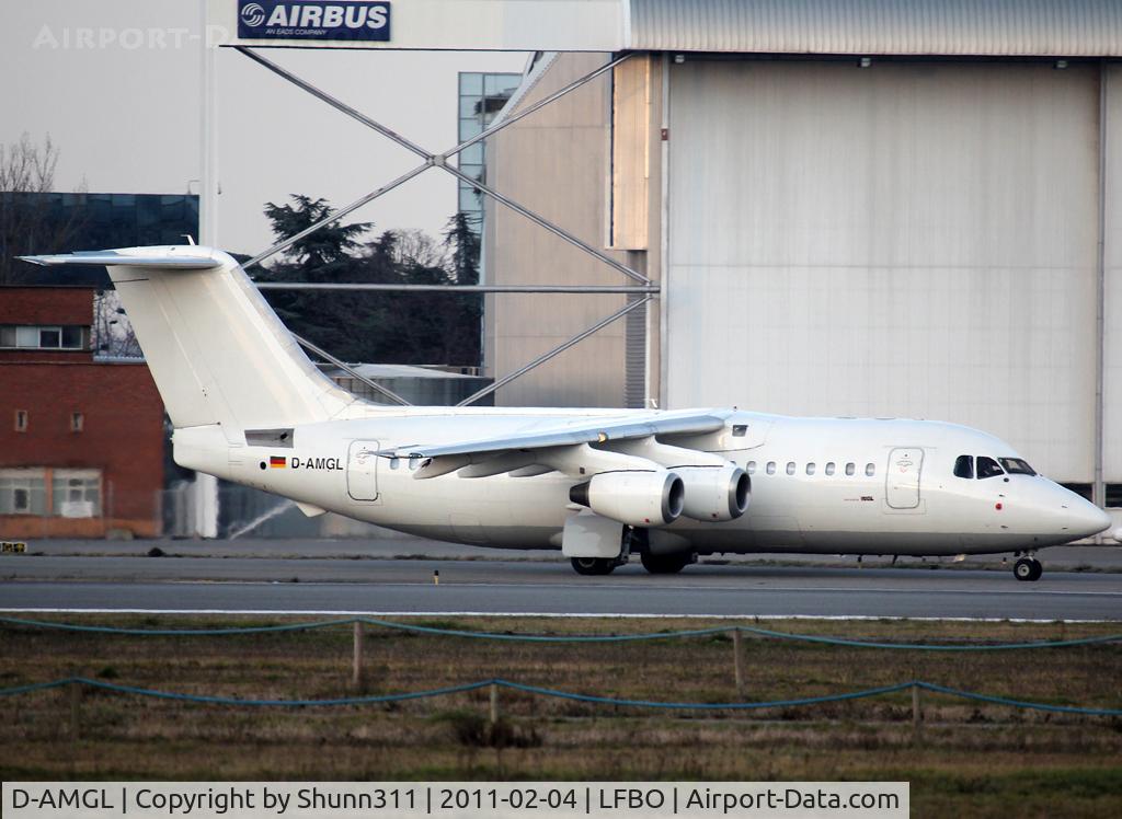 D-AMGL, 1986 British Aerospace BAe.146-200 C/N E2055, Taxiing holding point rwy 32R for departure with a small title...