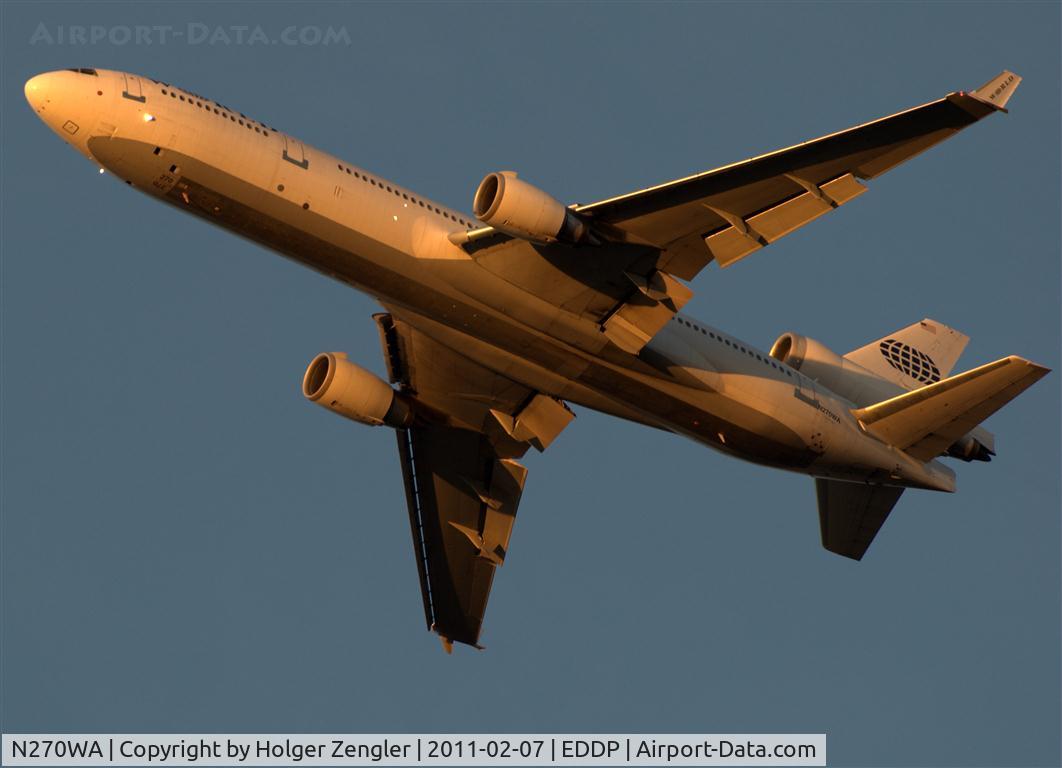 N270WA, McDonnell Douglas MD-11 C/N 48449, Departing LEJ in beautiful last sunlight.