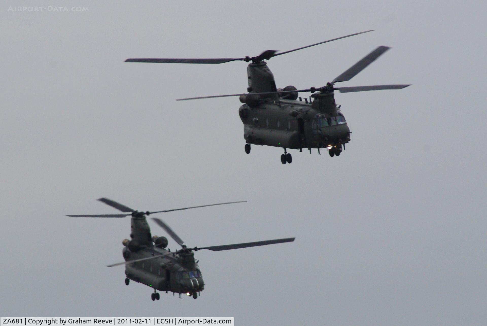 ZA681, 1981 Boeing Vertol Chinook HC.2 C/N M/A012/B-830/M7002, ZA681 and ZA684 depart from Norwich on a dull afternoon.