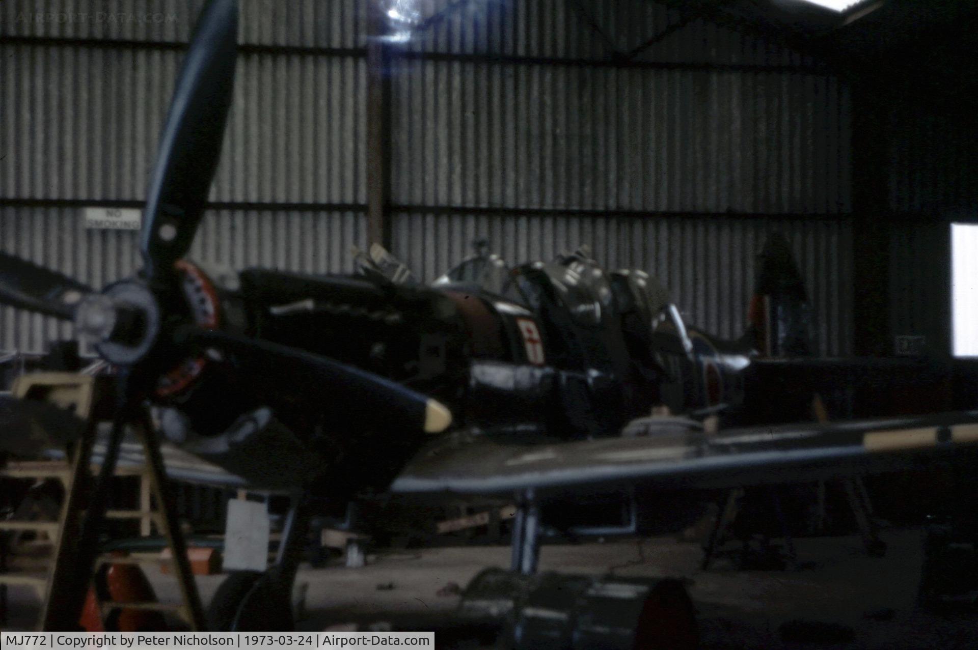 MJ772, 1943 Supermarine 361 Spitfire IX C/N CBAF.7269, Spitfire T.IX of the Strathallan Collection seen in their hanger in March 1973.