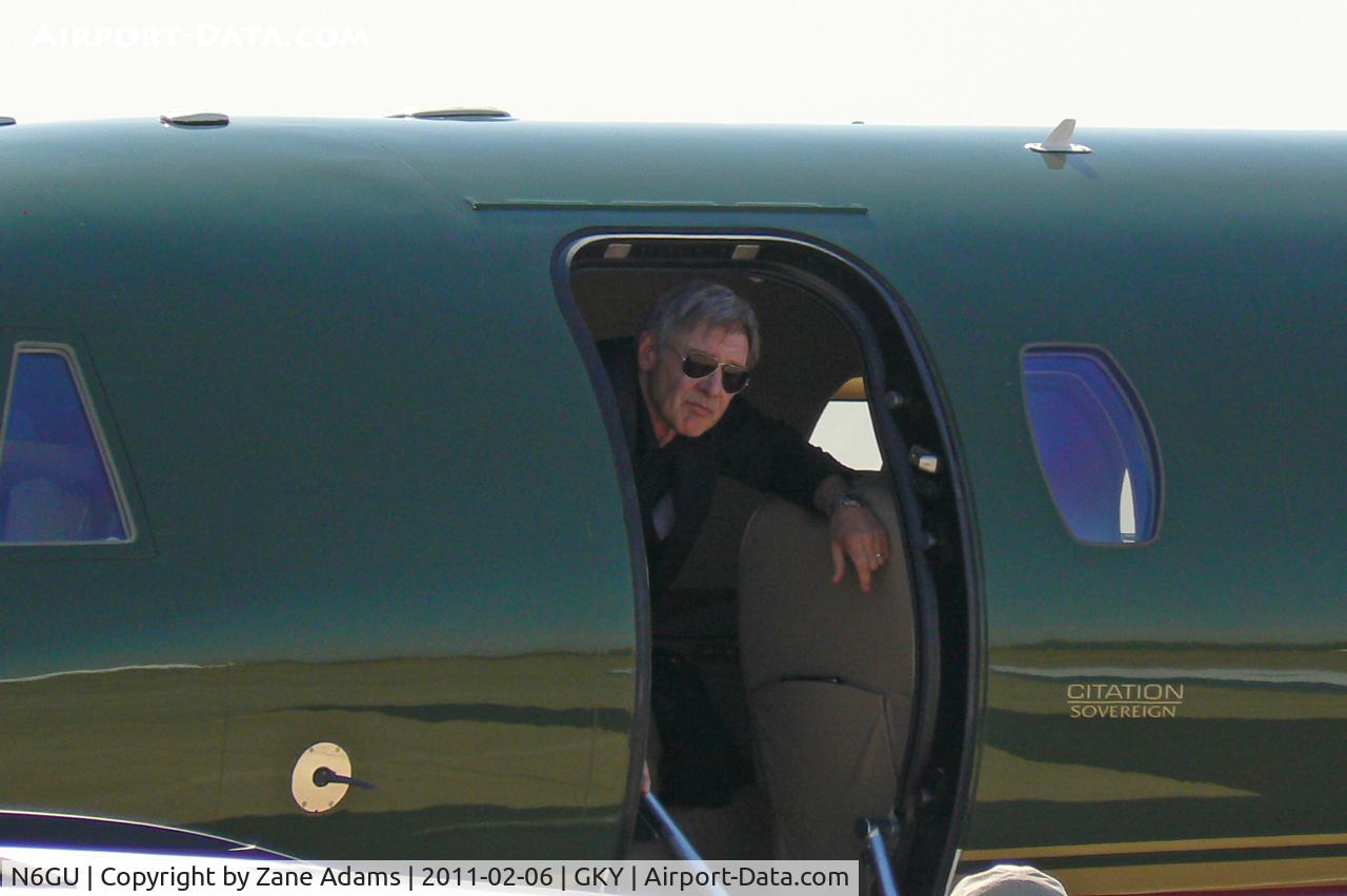 N6GU, 2009 Cessna 680 Citation Sovereign C/N 680-0268, Actor Harrison Ford arrives at Arlington Municipal for Super Bowl XLV in his Cessna Sovereign.
