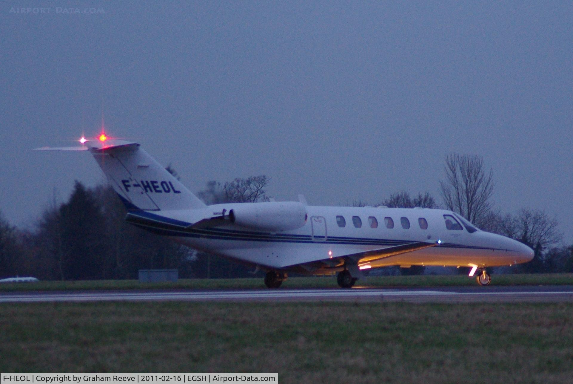 F-HEOL, Cessna 525A CitationJet CJ2 C/N 525A-0219, About to take off at dusk.