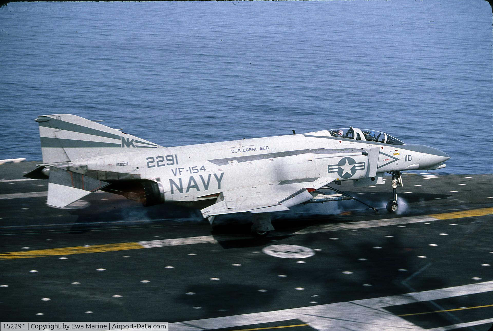 152291, McDonnell F-4N Phantom II C/N 1093, This was 2291's last cruise aboard the USS Coral Sea with VF-154. She was flown to NAS Barbers on a last flight where she stood gate guard duty for years with a sprinkler hitting it and birds nesting in it. It was taken on charge by the NMNA in 99 and iss