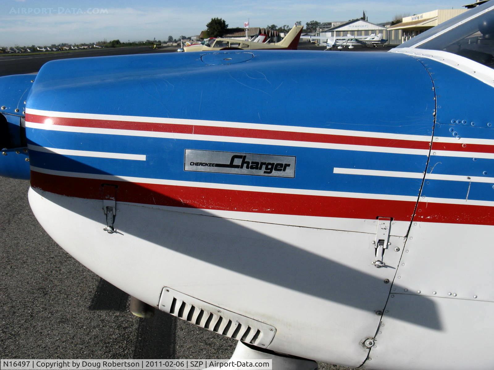 N16497, 1973 Piper PA-28-235 Cherokee Charger C/N 28-7310101, 1973 Piper PA-28-235 CHEROKEE CHARGER, Lycoming O-540-D4B5 235 Hp, cowl logo
