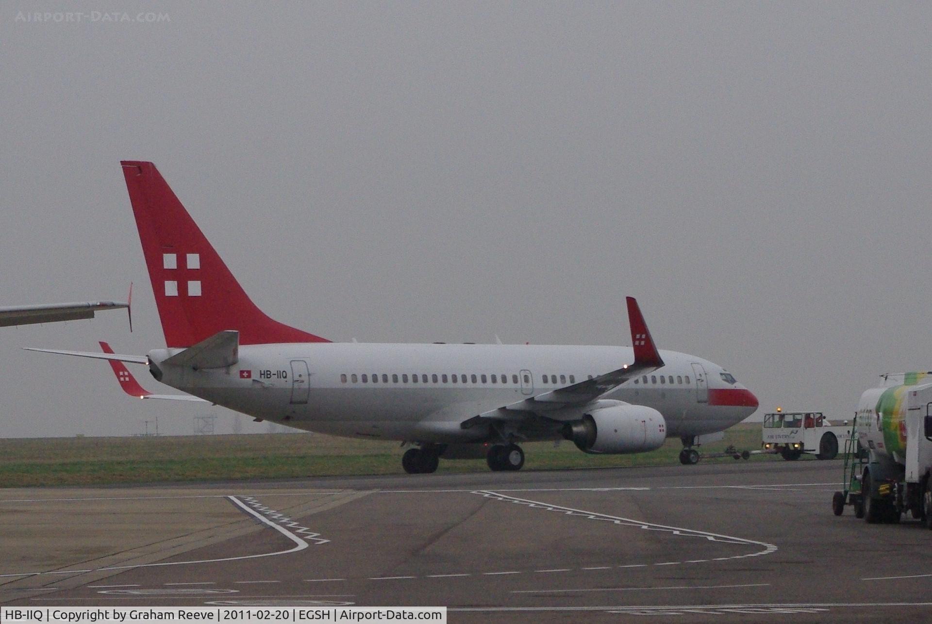 HB-IIQ, 1999 Boeing 737-7CN BBJ C/N 30752, Under tow at Norwich.