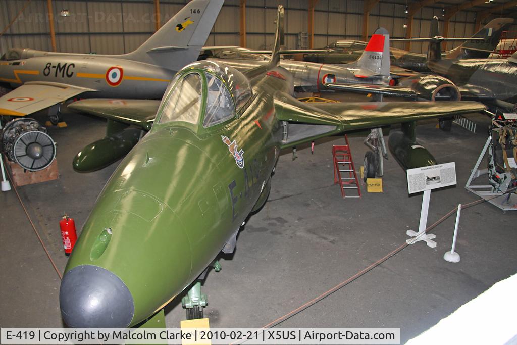 E-419, Hawker Hunter F.51 C/N 41H-680278, Hawker Hunter F51 at the NE Air Museum, Usworth in October 2010. Ex Danish AF