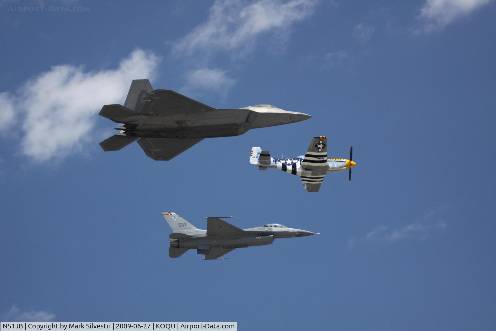 N51JB, 1944 North American P-51D Mustang C/N 122-39488, Quonset Point 2009 - Heritage FlightP-51 (44-73029), F-16 (93-0546), F-22 (03-4056)