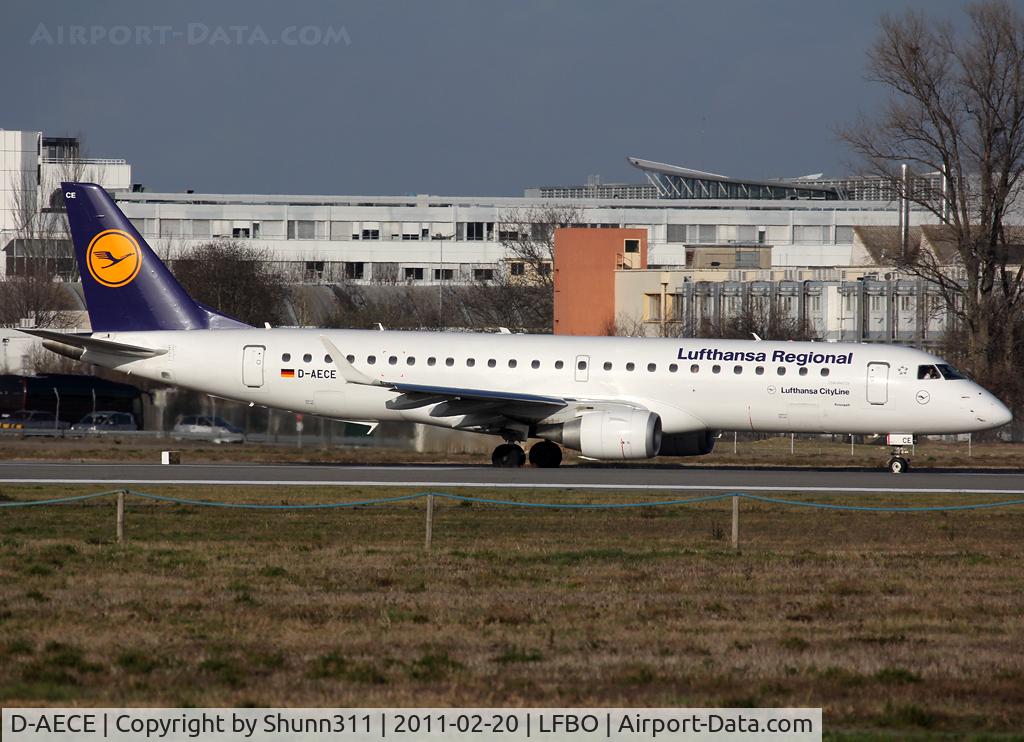 D-AECE, 2010 Embraer 190LR (ERJ-190-100LR) C/N 19000341, Taxiing holding point rwy 32R for departure...