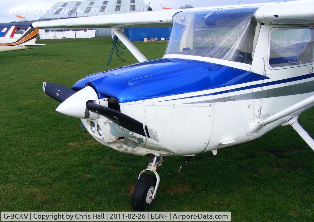 G-BCKV, 1974 Reims FRA150L Aerobat C/N 0251, with damage to the front wheel, engine cowl, prop and wingtip