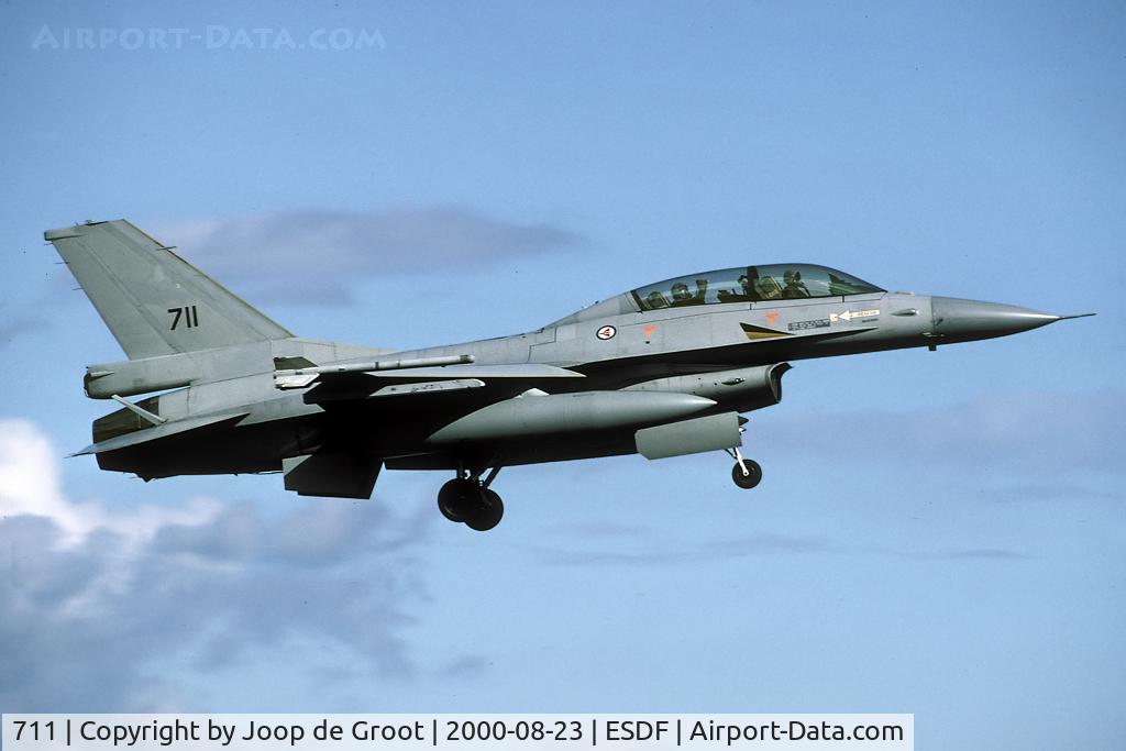 711, 1989 General Dynamics F-16BM Fighting Falcon C/N 6L-13, one of the foreign participants in this multinational exercise.