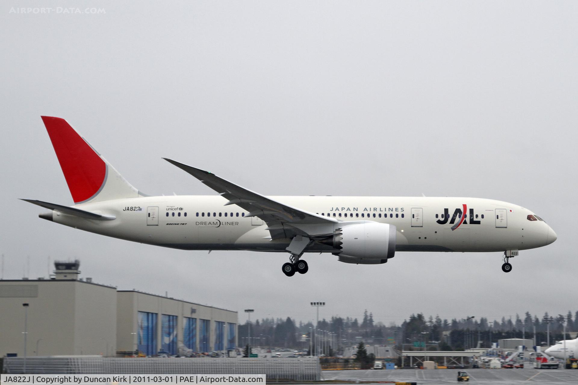 JA822J, 2010 Boeing 787-8 Dreamliner C/N 34832, THis soon to be re-painted JAL B.787 is seen landing after its first test flight. Note that the test registration has been blown off in flight!