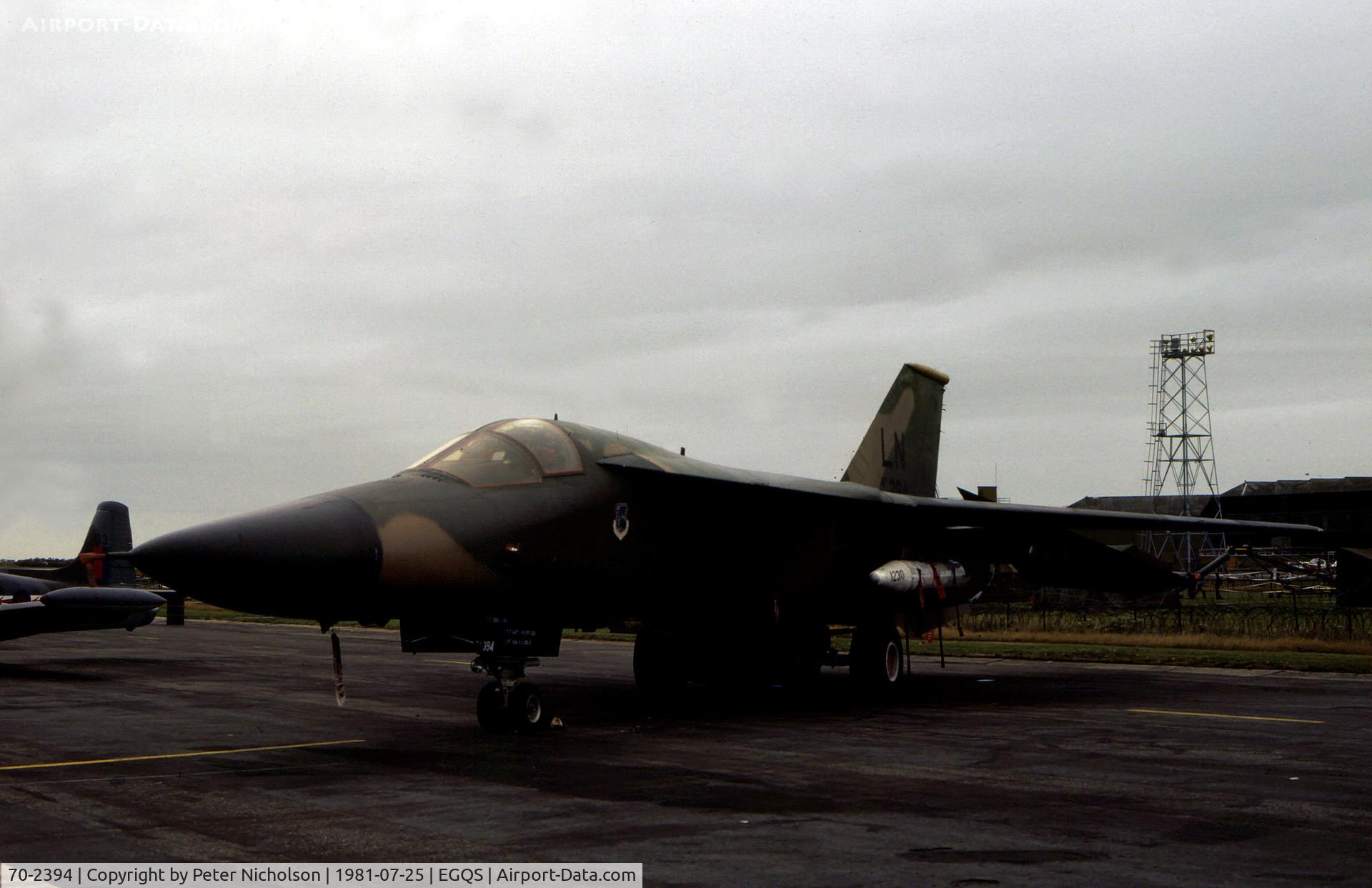 70-2394, 1970 General Dynamics F-111F Aardvark C/N E2-33, F-111F of 493rd Tactical Fighter Squadron of RAF Lakenheath's 48th Tactical Fighter Wing on display at the 1981 RAF Lossiemouth Airshow.