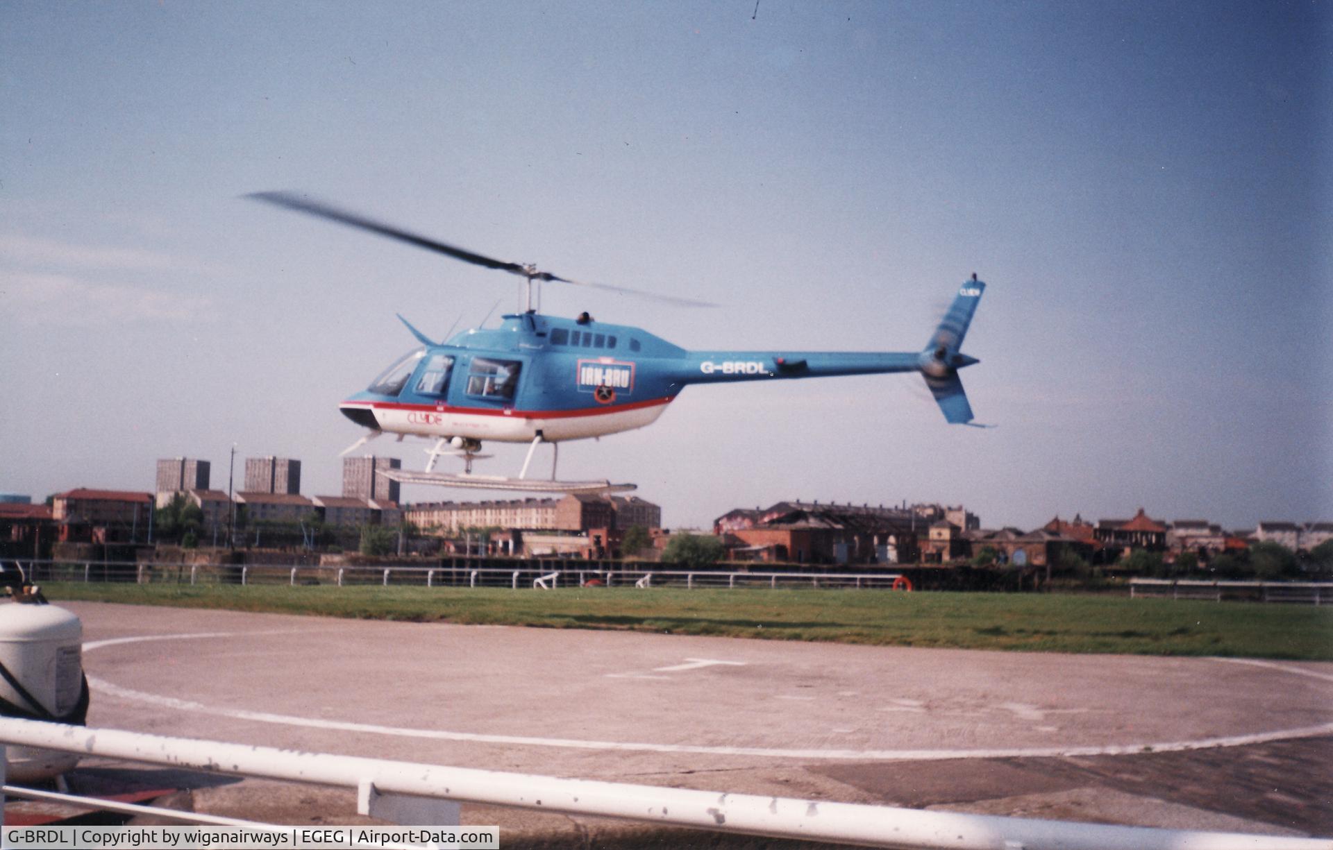 G-BRDL, 1972 Bell 206B JetRanger II C/N 771, G-BRDL in first 'Barrs IRN-BRU' colour scheme, for Radio Clyde's 'Eye in the Sky' travel reports.