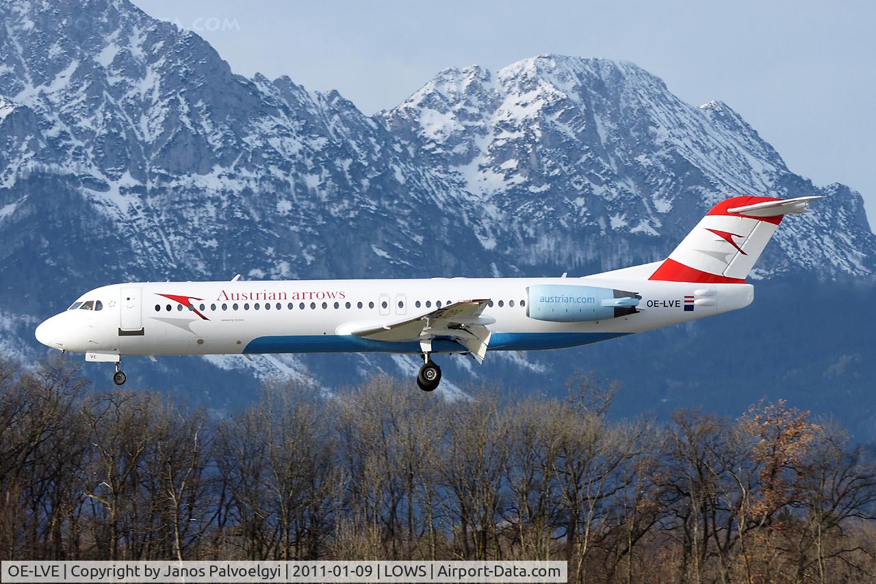 OE-LVE, 1994 Fokker 100 (F-28-0100) C/N 11499, Austrian Arrows (Tyrolian Airways) Fokker 100 (F-28-0100) landing in LOWS/SZG