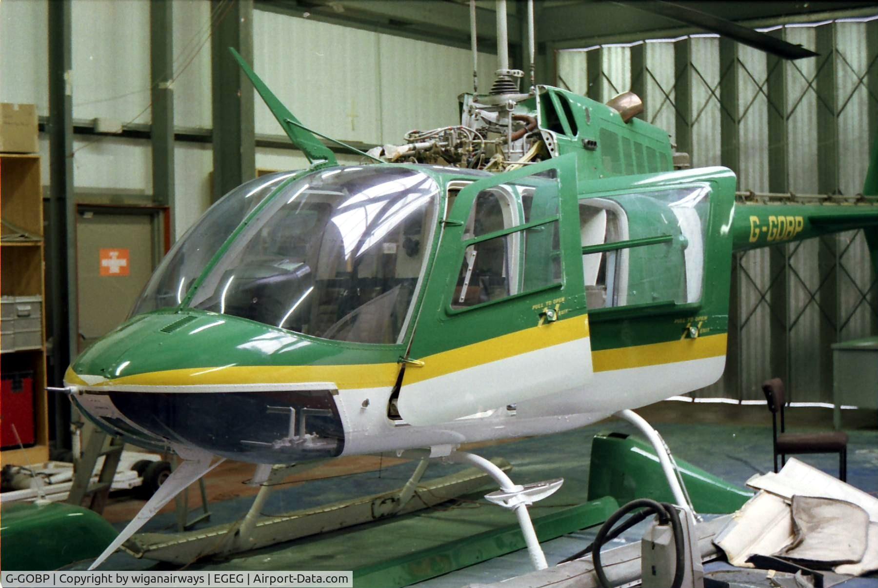 G-GOBP, 1974 Bell 206B JetRanger II C/N 1376, being repainted from G-BOUY to G-GOBP