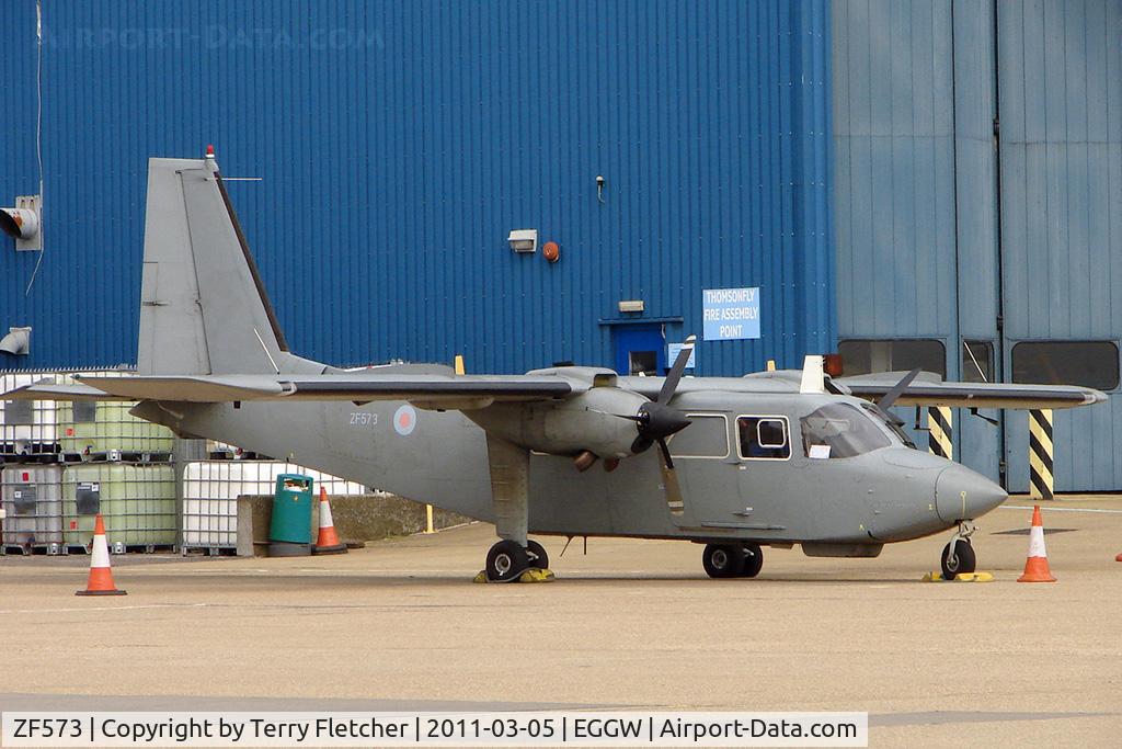 ZF573, Britten-Norman Islander CC.2A C/N 2034, Britten-Norman Islander CC2A, c/n: 2034 on the Allied ramp at Luton