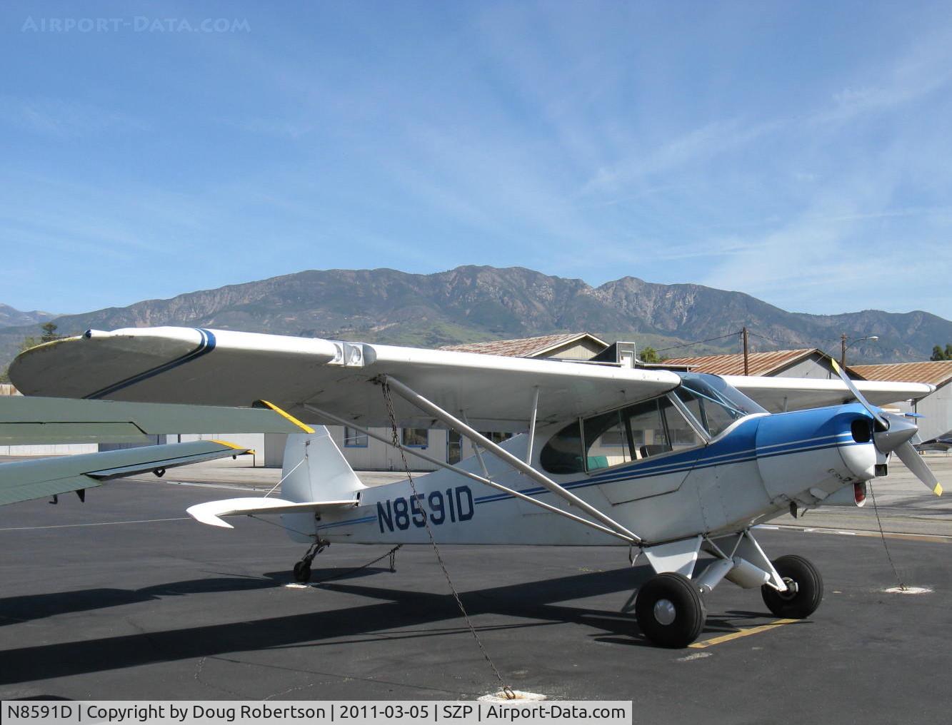 N8591D, 1958 Piper PA-18A Super Cub C/N 18-6251, 1958 Piper PA-18A SUPER CUB, Lycoming O-320 150 Hp. The -18A built as single place cropduster with hopper, this one is two place with extended wings/ailerons. Mult. Cert.