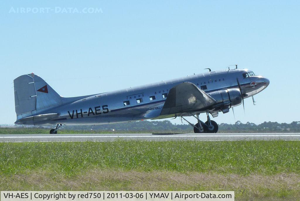 VH-AES, 1942 Douglas DC3C-S1C3G (C-47) C/N 6021, This DC3 was the first aircraft operated by Trans Australia Airlines (TAA) and was mounted on a pole at Tullamarine Airport Melbourne. It has been restored to flying status and appeared at the Avalon Air Show 2911.