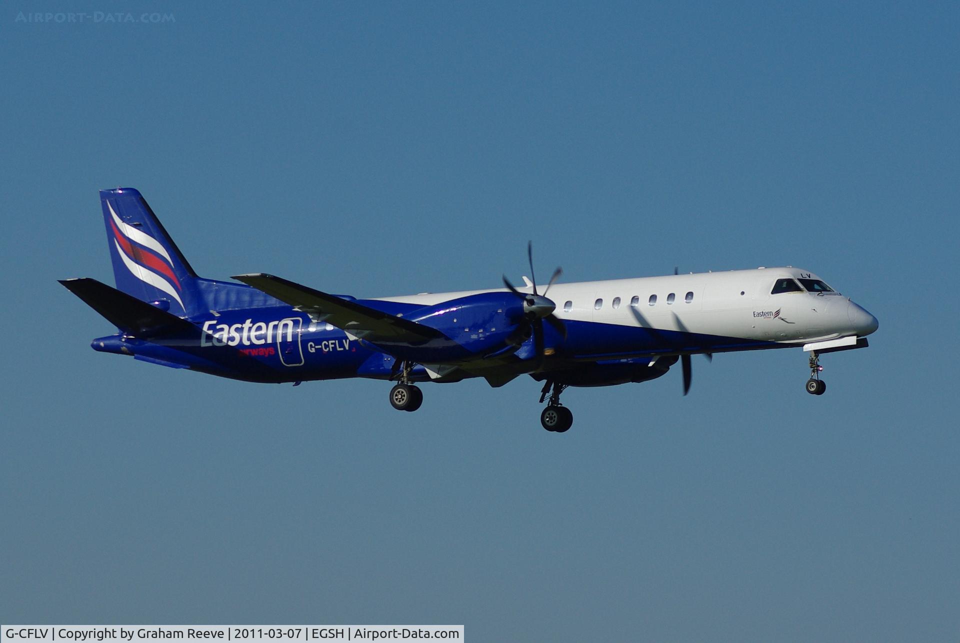 G-CFLV, 1995 Saab 2000 C/N 2000-023, Landing at Norwich.