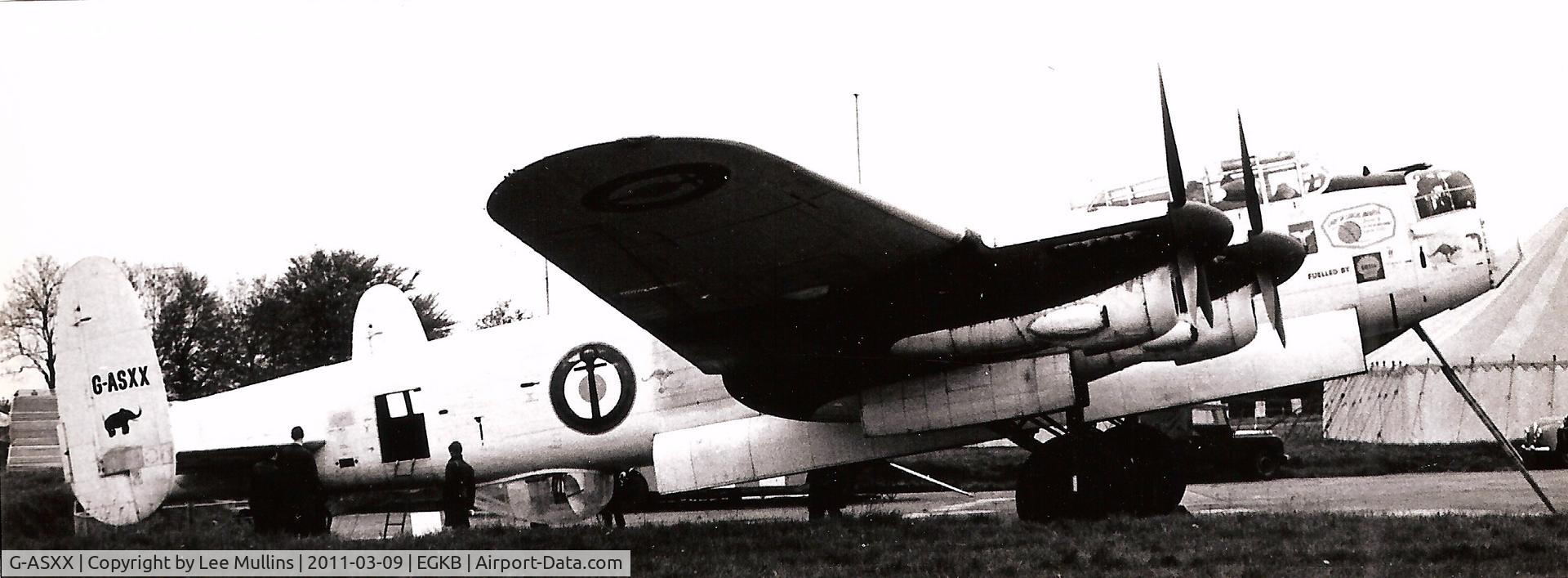 G-ASXX, 1945 Avro 683 Lancaster B7 C/N Not found NX611, Lancaster seen at Biggin Hill soon after it's arrival, still wearing its Aeronavale paint job and sponsers logos.