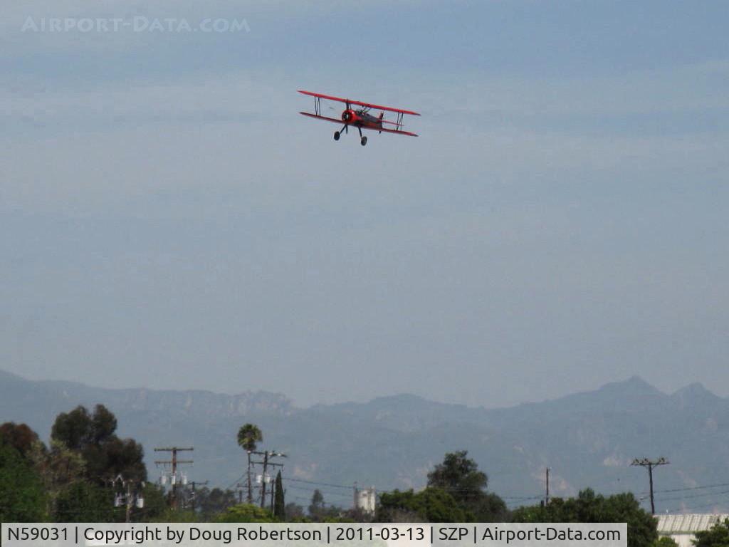 N59031, 1941 Boeing A75N1(PT17) C/N 75-3808, 1941 Boeing Stearman A75N1, Continental W670 220 hp, forward slip on final to Rwy 22