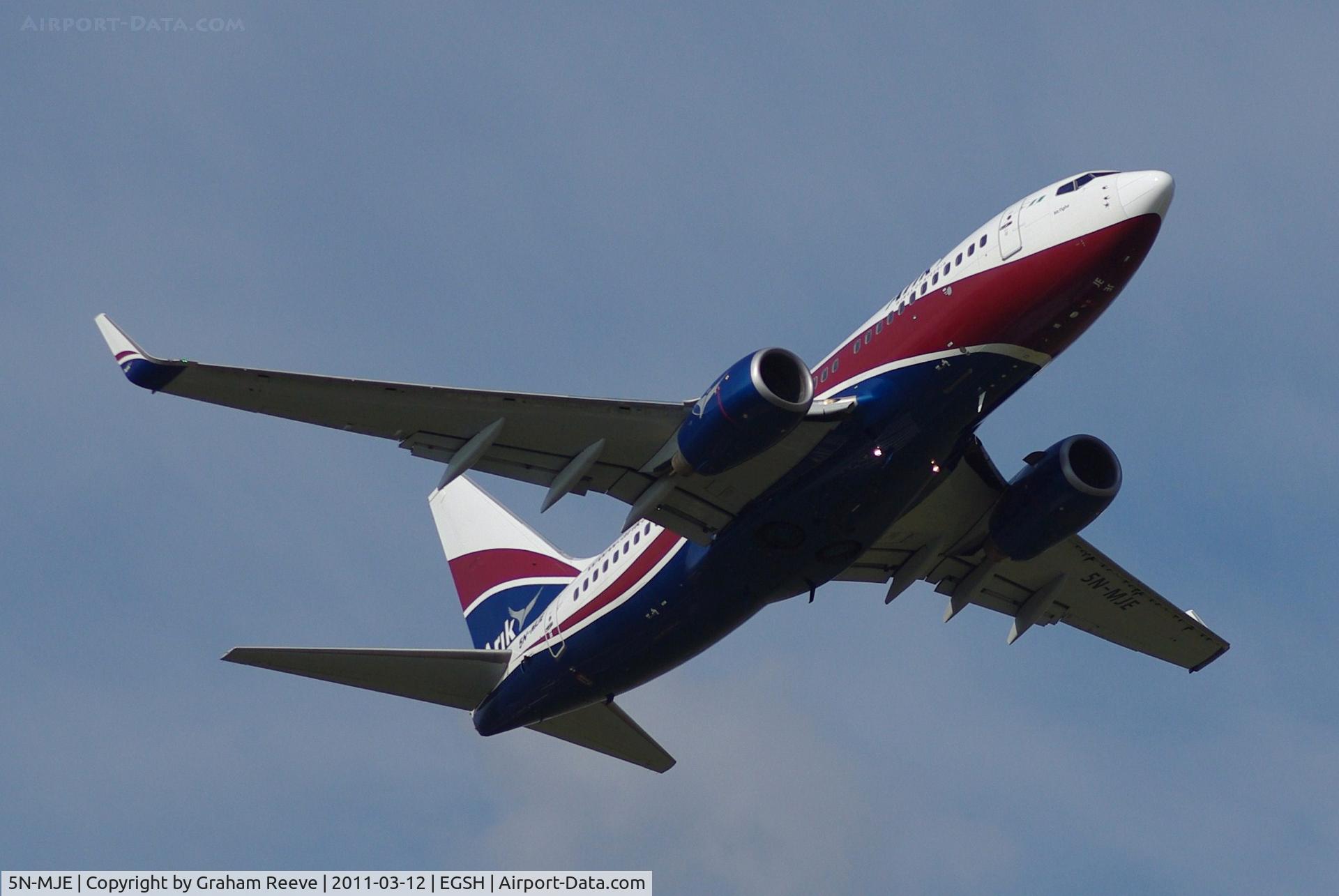 5N-MJE, 2007 Boeing 737-7GL C/N 34761, Departing from Norwich.