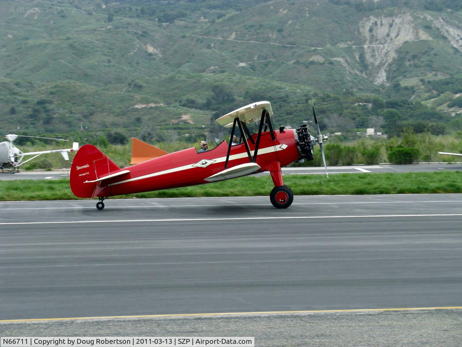 N66711, 1941 Boeing IB75A C/N 75-1675, 1941 Boeing Stearman IB75A, Jacobs R-755B2 275 Hp upgrade, fully rebuilt, recovered and refinished by Rowena's Flying Fabric Co. at SZP, Restricted Experimental class, Landing roll Rwy 22