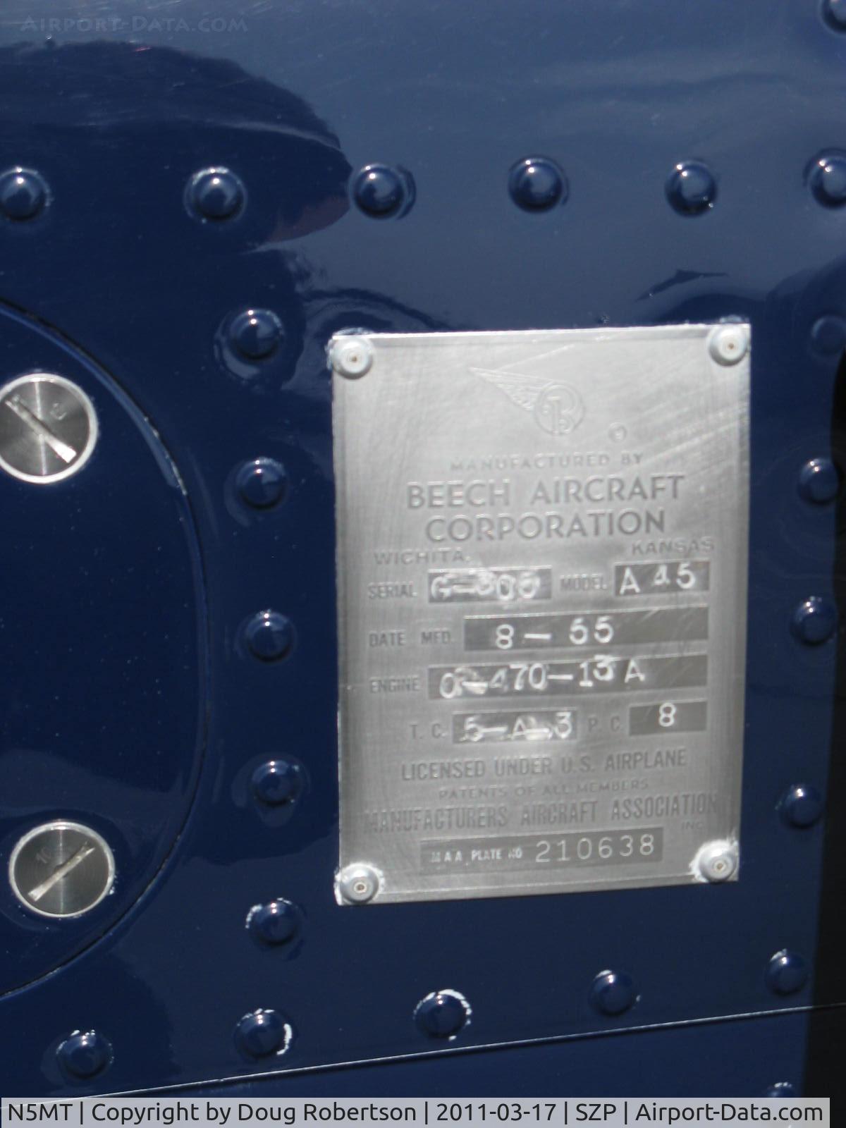 N5MT, 1953 Beech T-34A (A45) Mentor Mentor C/N G-305, 1955 Beech A45 as T34B MENTOR, Continental O-470-13 225 Hp, manufacturer's data plate