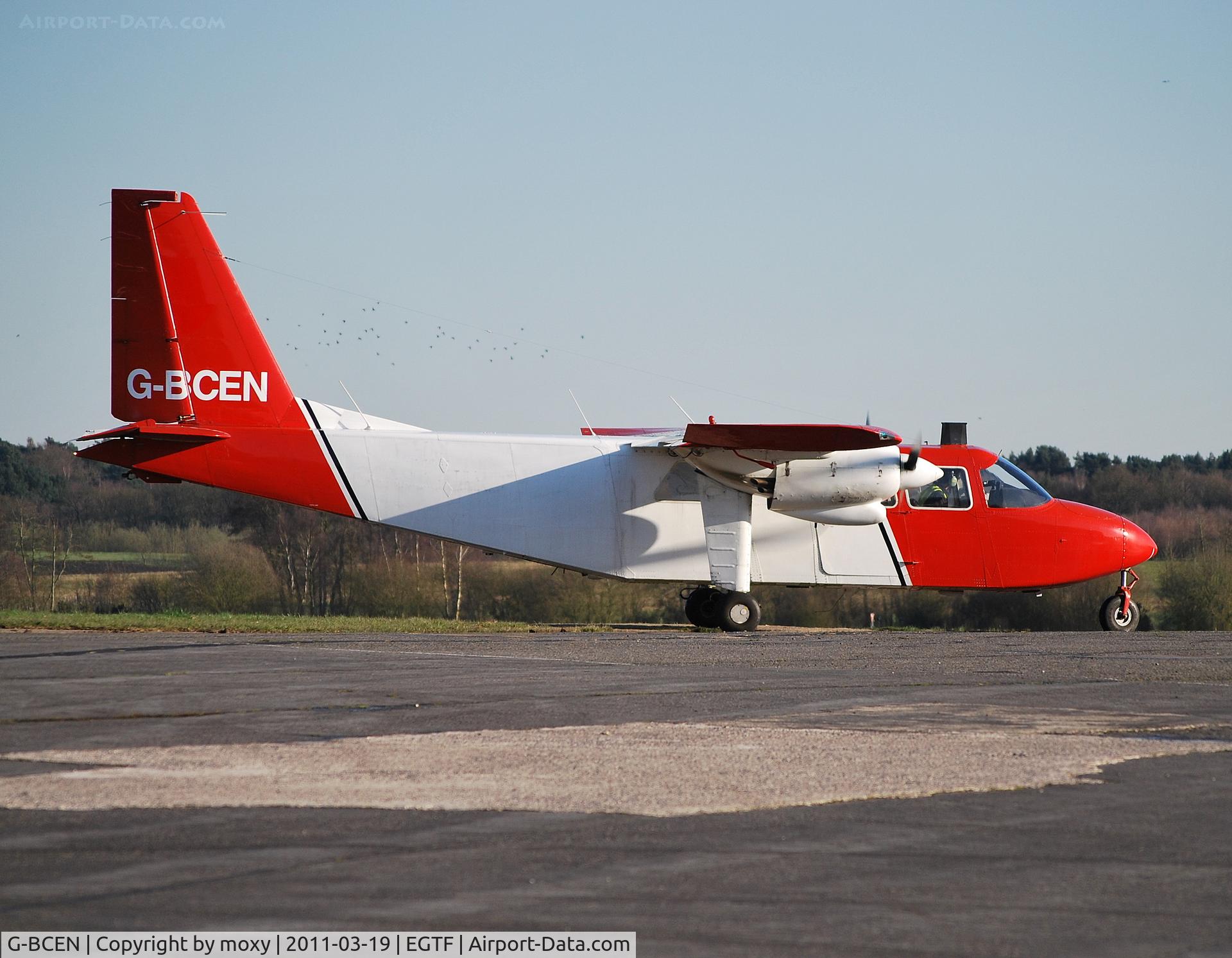 G-BCEN, 1974 Britten-Norman BN-2A-26 Islander C/N 403, Islander departing Fairoaks. Formerly used by HM Coastguard.