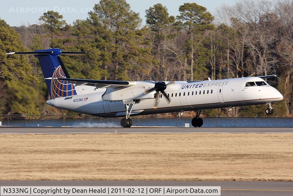 N333NG, 2010 Bombardier DHC-8-402 Dash 8 C/N 4333, United Express (Colgan Air) N333NG (FLT CJC3325) from Newark Int'l (KEWR) landing RWY 23 with new United Express titles. This aircraft was delivered to Colgan Air in November 2010.