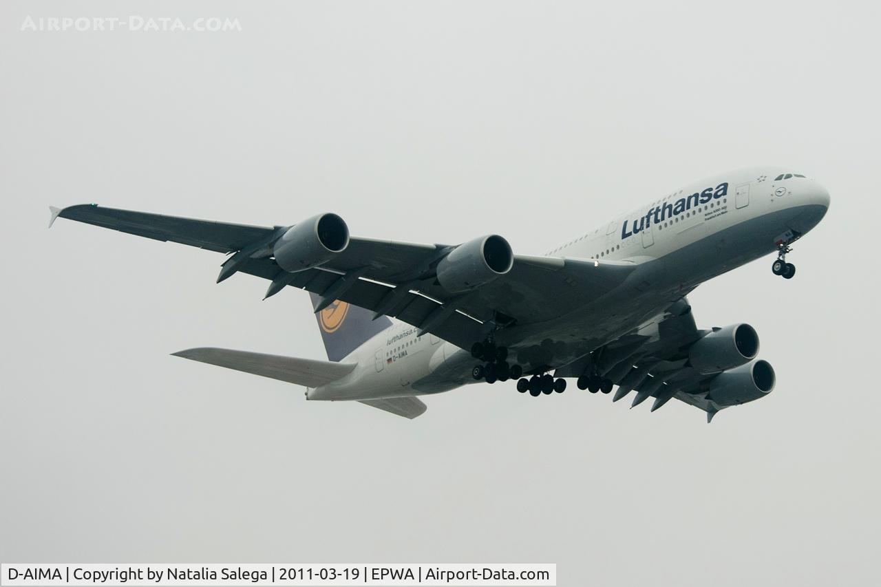 D-AIMA, 2010 Airbus A380-841 C/N 038, D-AIMA landing at EPWA.