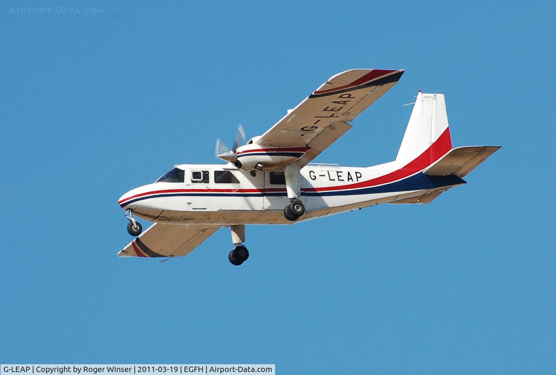 G-LEAP, 1987 Pilatus Britten-Norman BN-2T Turbine Islander C/N 2183, On finals Runway 22. Operated by Skydive Swansea. Sold to the Artic Circle Air Company Ltd and registered N675AC in 2012. Operates from Saipan, Micronesia.