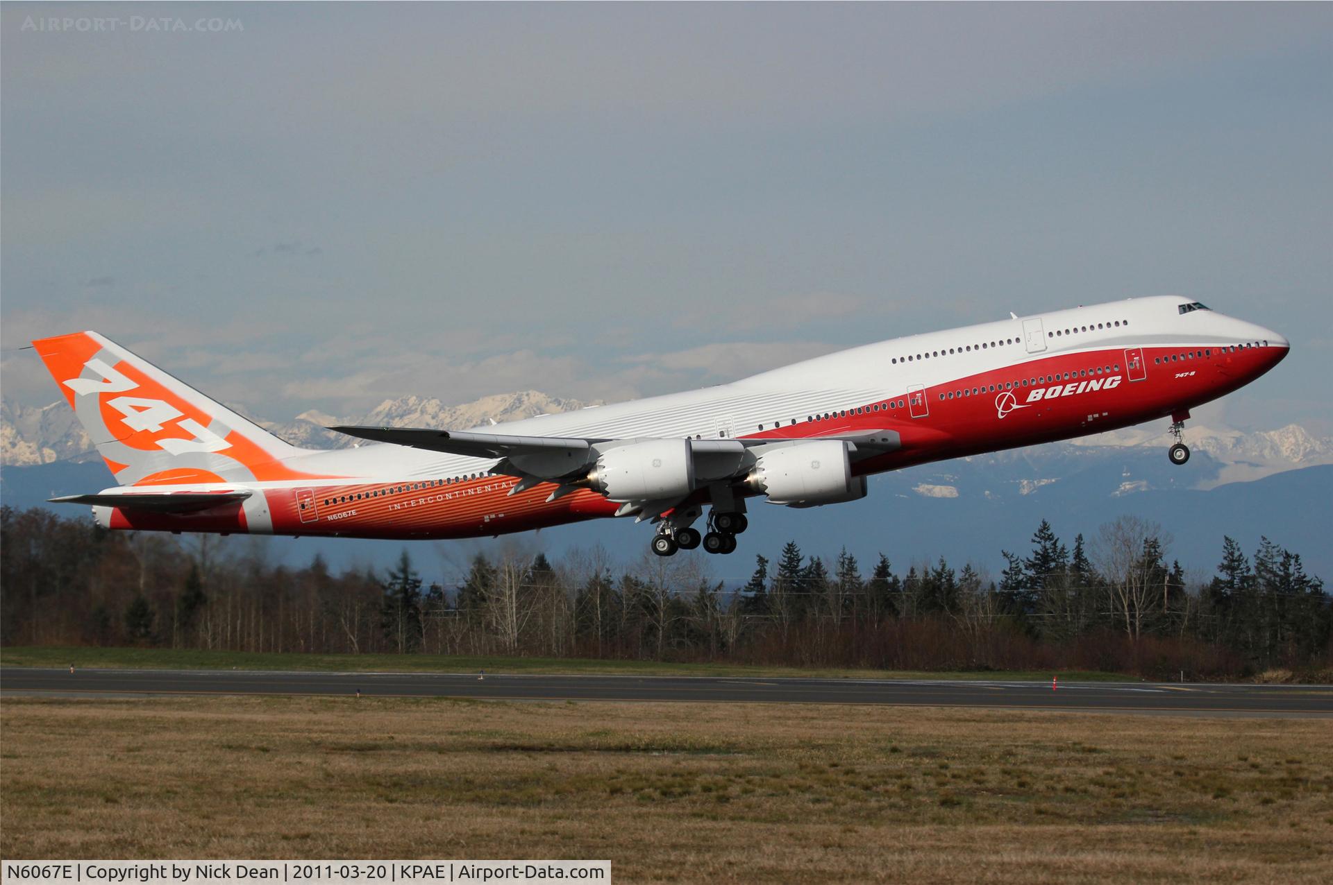 N6067E, 2011 Boeing 747-8JK BBJ C/N 38636, KPAE Boeing 008 departs runway 34L on first flight of the Boeing 747-8I Intercontinental (Will be regeistered 9K-??? upon delivery as a BBJ)