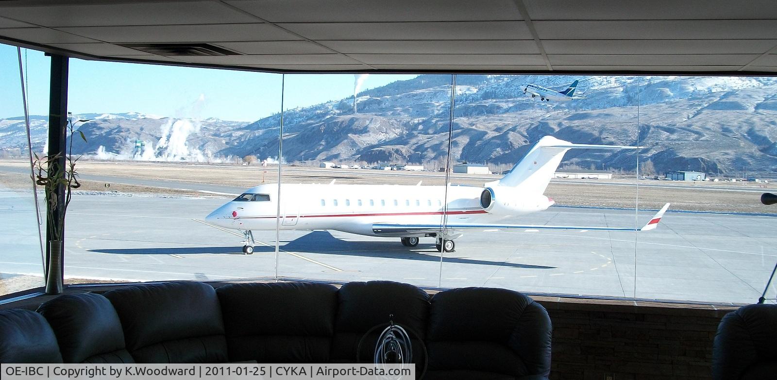 OE-IBC, 2007 Bombardier BD-700-1A11 Global 5000 C/N 9269, Spent a week in CYKA.. 
*note WS 737-700 airborne off RWY08 in background