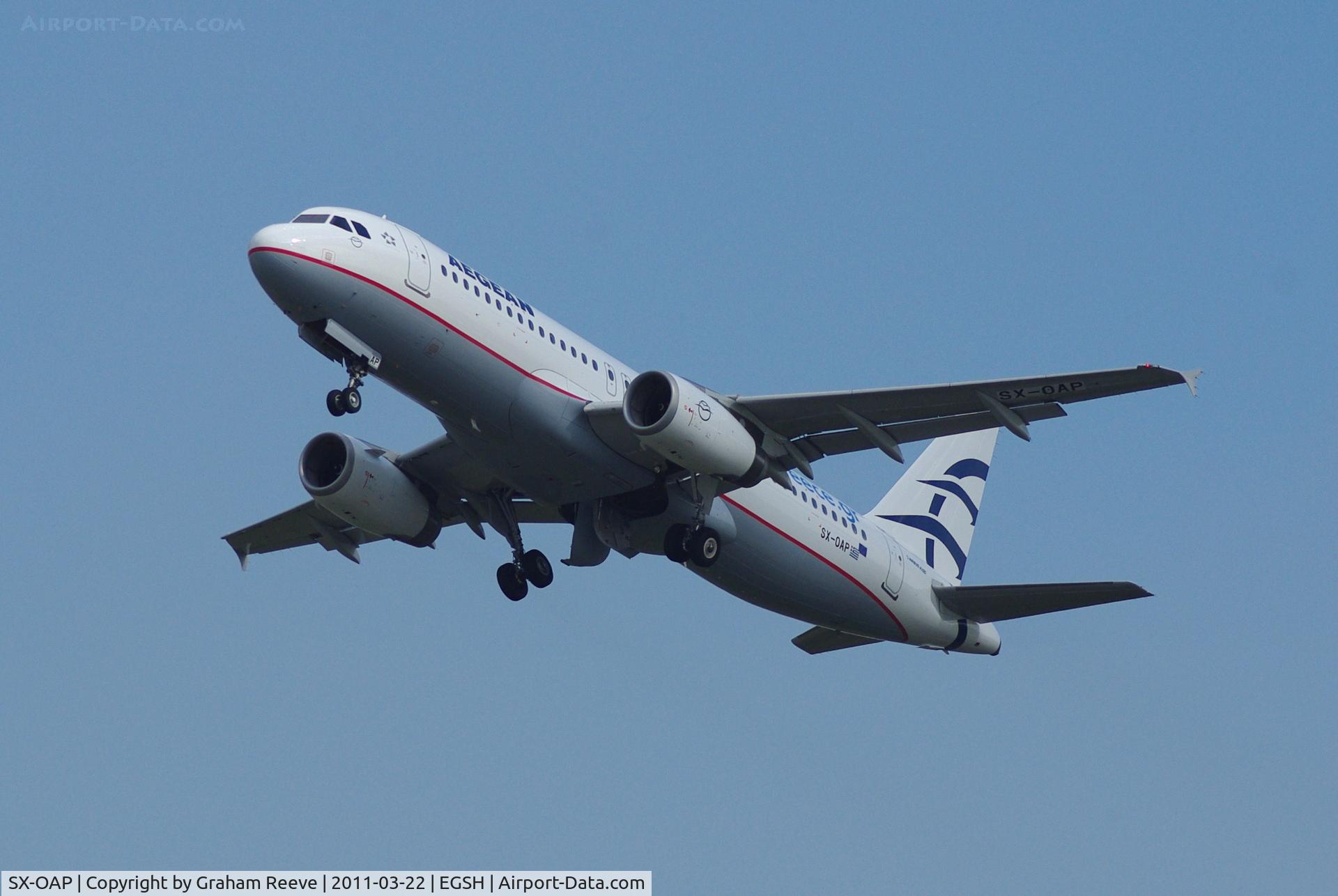 SX-OAP, 2009 Airbus A320-232 C/N 4065, Departing from Norwich.