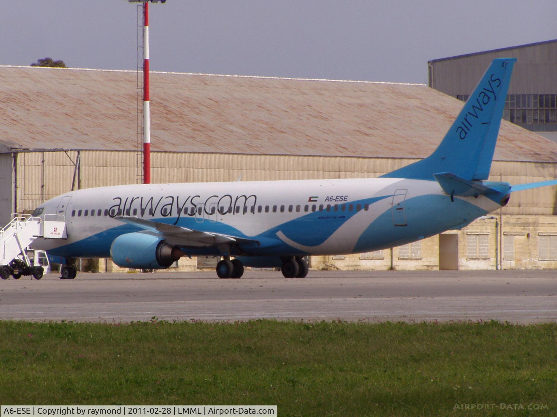 A6-ESE, 1994 Boeing 737-46J C/N 27213, B737 A6-ESE of RAK Airways seen parked in Malta during the Libyan conflict.