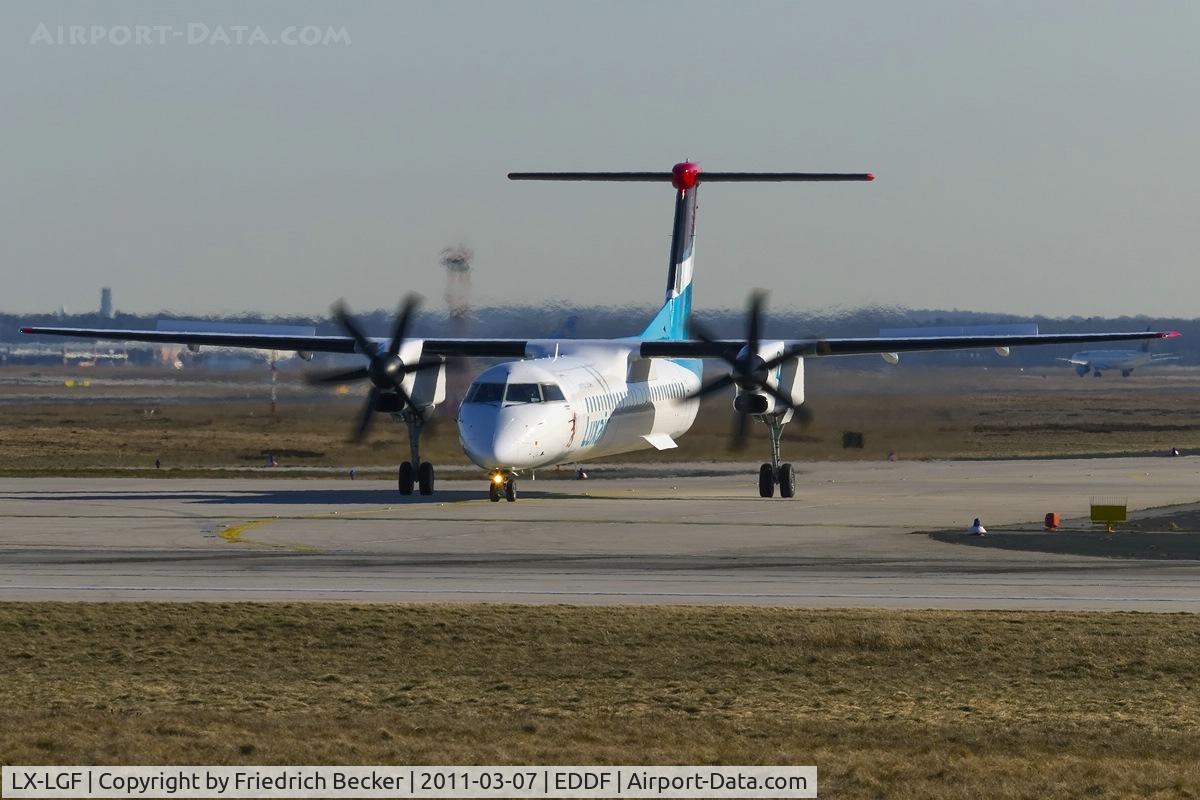 LX-LGF, 2011 De Havilland Canada DHC-8-402Q Dash 8 C/N 4349, holding point RW18W