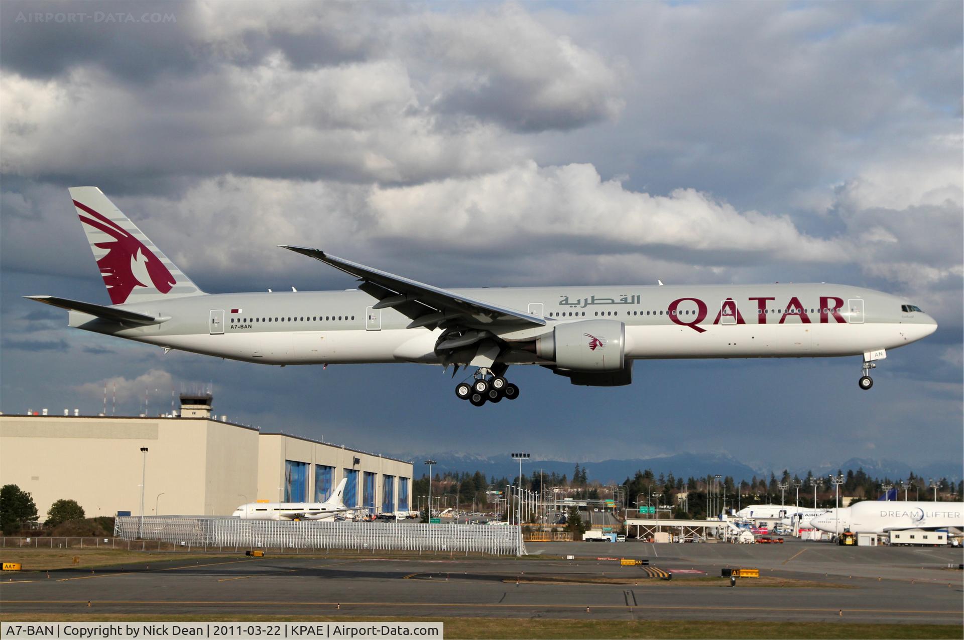 A7-BAN, 2011 Boeing 777-3DZ/ER C/N 38246, KPAE Boeing WD885 returns to KPAE 16R from the paint shop at KPDX (The second 747-8I is outside tha paint shop behind the AF 777)