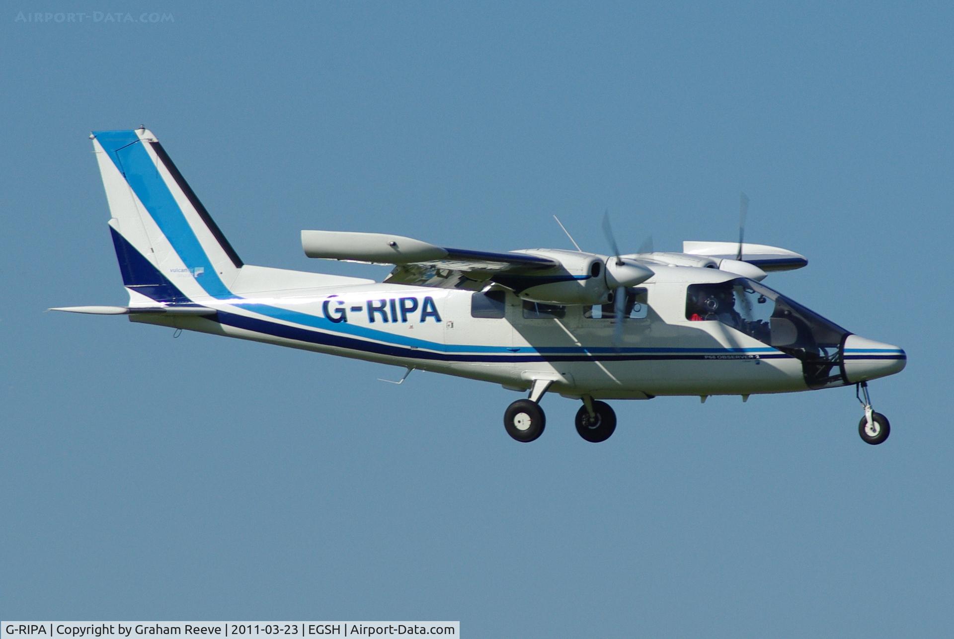 G-RIPA, 2003 Partenavia P-68 Observer C/N 423-23-OB2, Landing on a sunny afternoon.