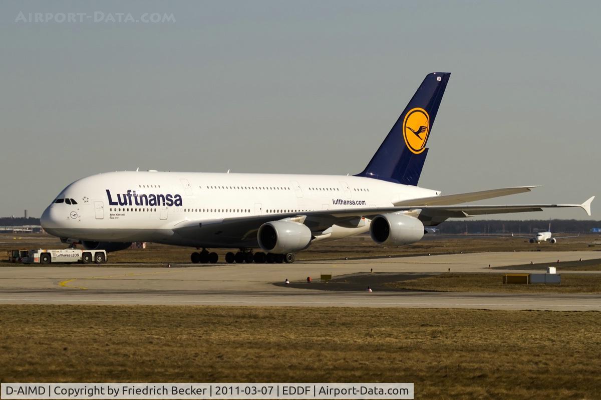 D-AIMD, 2010 Airbus A380-841 C/N 048, the beast being towed to the gate