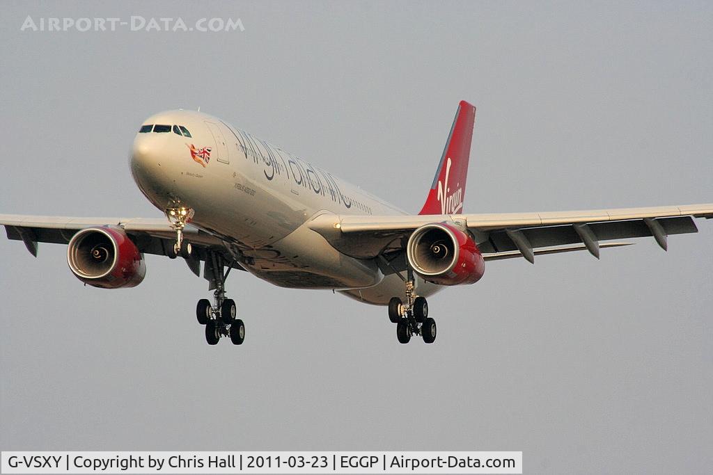 G-VSXY, 2010 Airbus A330-343X C/N 1195, Virgin Atlantic A330 on approach for RW27 at LJLA on a crew training flight