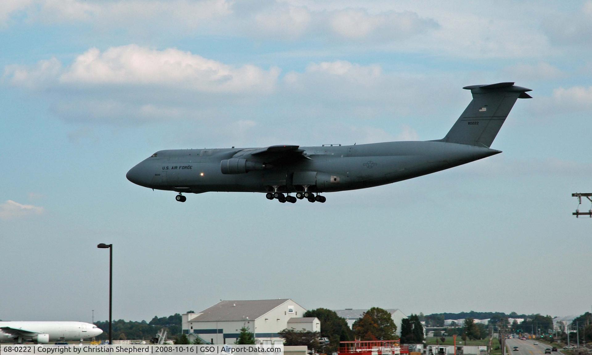 68-0222, 1968 Lockheed C-5A Galaxy C/N 500-0025, Lockheed C-5A Galaxy (Air Force Serial Number 68-0222)  
A Lockheed C-5A Galaxy transport jet from the West Virginia Air National Guard’s 167th Airlift Wing on short final to Runway 5 (Now Runway 5 Right) at Piedmont Triad International Airport, Greensbo