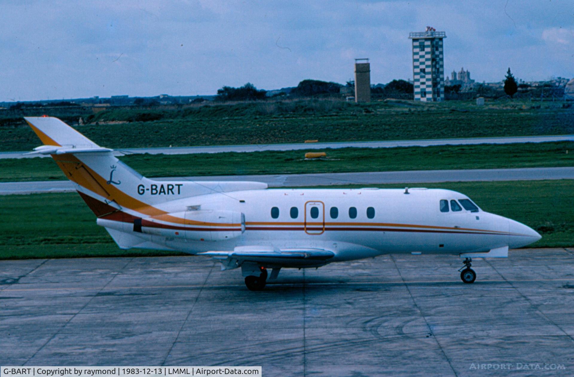 G-BART, 1973 Hawker Siddeley HS.125 Series 600B C/N 256005, HS125 G-BART taxying out from the old apron in Malta.