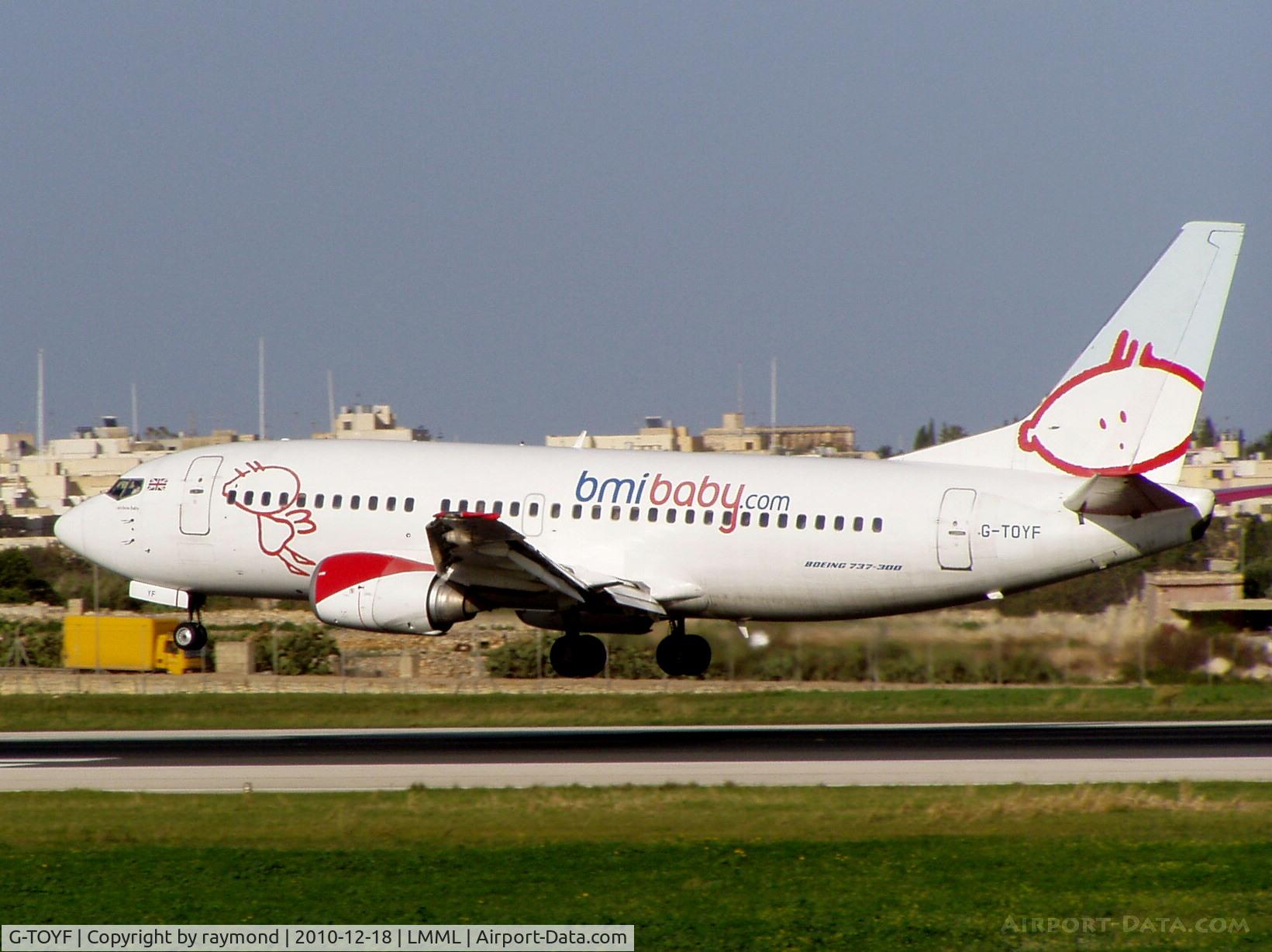 G-TOYF, 1997 Boeing 737-36N C/N 28557, B737-300 G-TOYF of BMIbaby on short finals RW31 on 18-12-10.